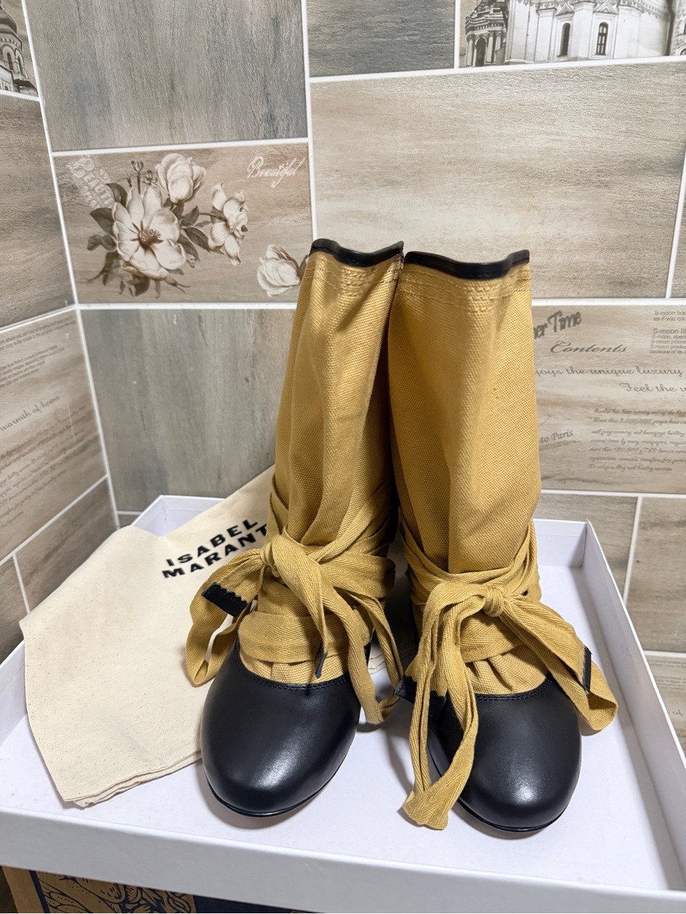 Isabel Marant Black Leather & Mustard Canvas Tie-Front Boots
